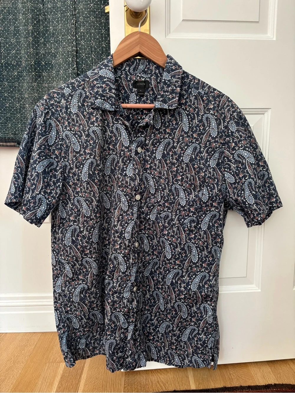 Vintage J. Crew Navy and Tan Paisley Short-Sleeve Button-Down Shirt